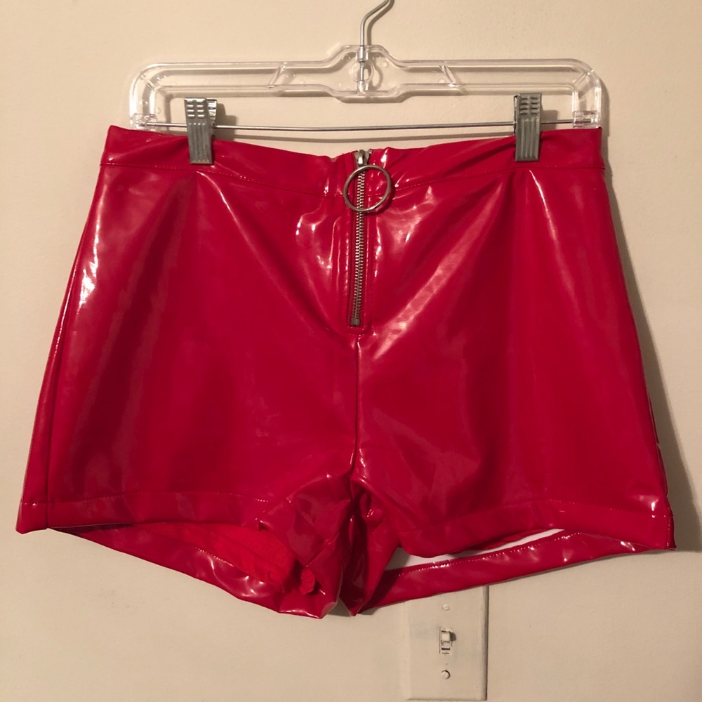 Red Vinyl High-Waisted Shorts